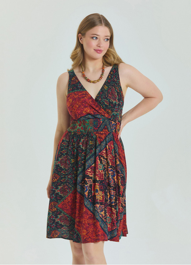 V Neck Robe Black Patterned Plus Size Dress 4585